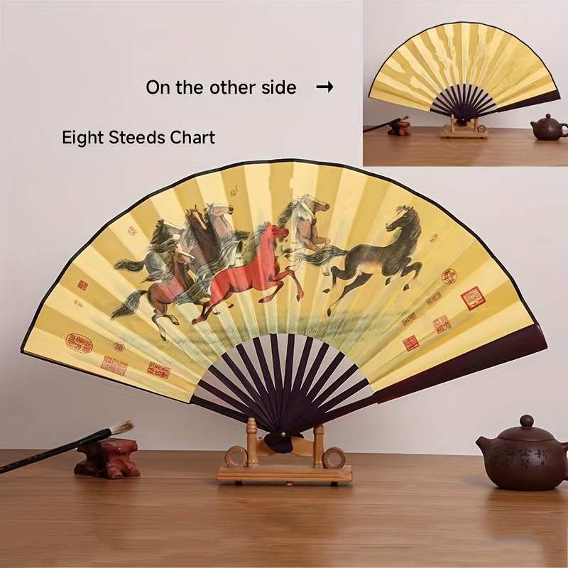 Elegant 10-Inch Bamboo Folding Fan with Dual-Sided Silk Design - Traditional Chinese Style, Perfect for Women's Fashion Accessory, Large Size, Silk Fabric details 4