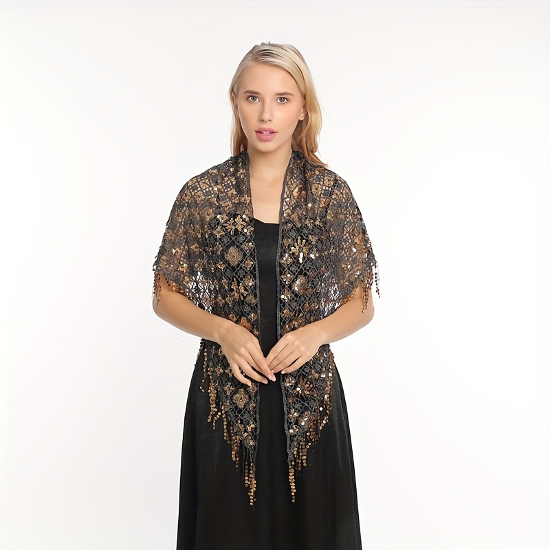 Sequin Decor Triangle Scarf Floral Hollow Out Solid Shawl