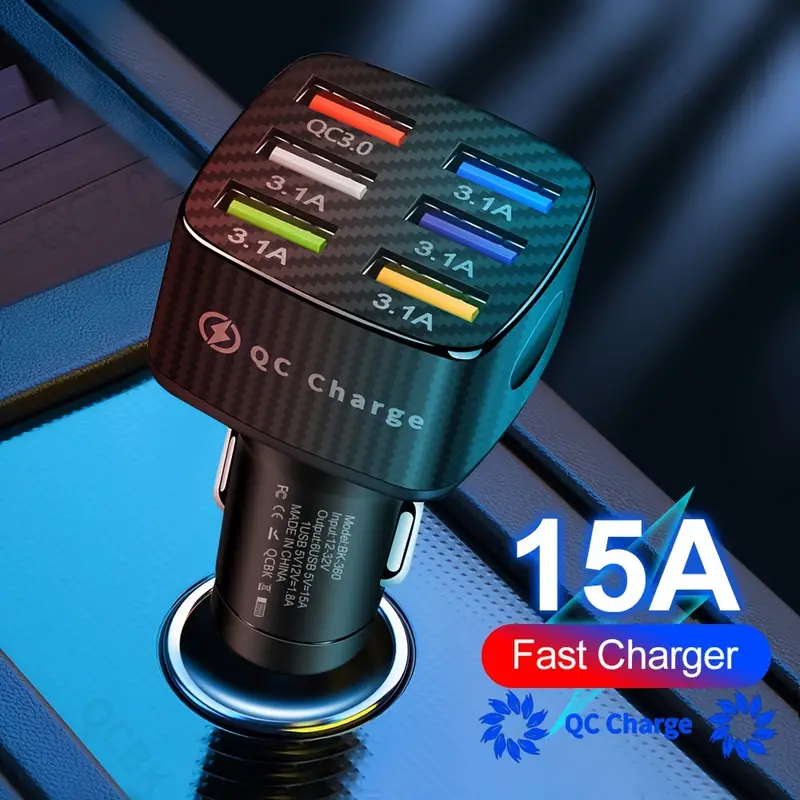 15A Chargeur de voiture lumineux 6USB Porous QC3.0 Chargeur de