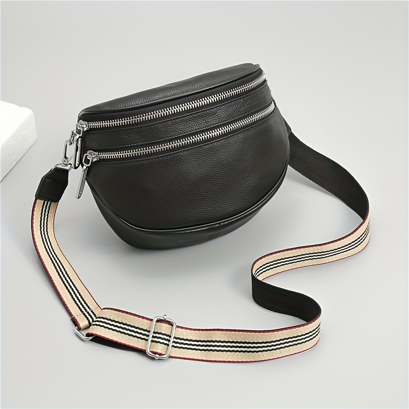 Fashion Double Zipper Fanny Pack, Women's Faux Leather Crossbody Bag With  Wide Strap - Temu