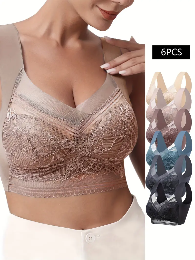 6pcs Floral Lace Stitching Bras, Comfy & Breathable Intimates Bra, Women's  Lingerie & Underwear