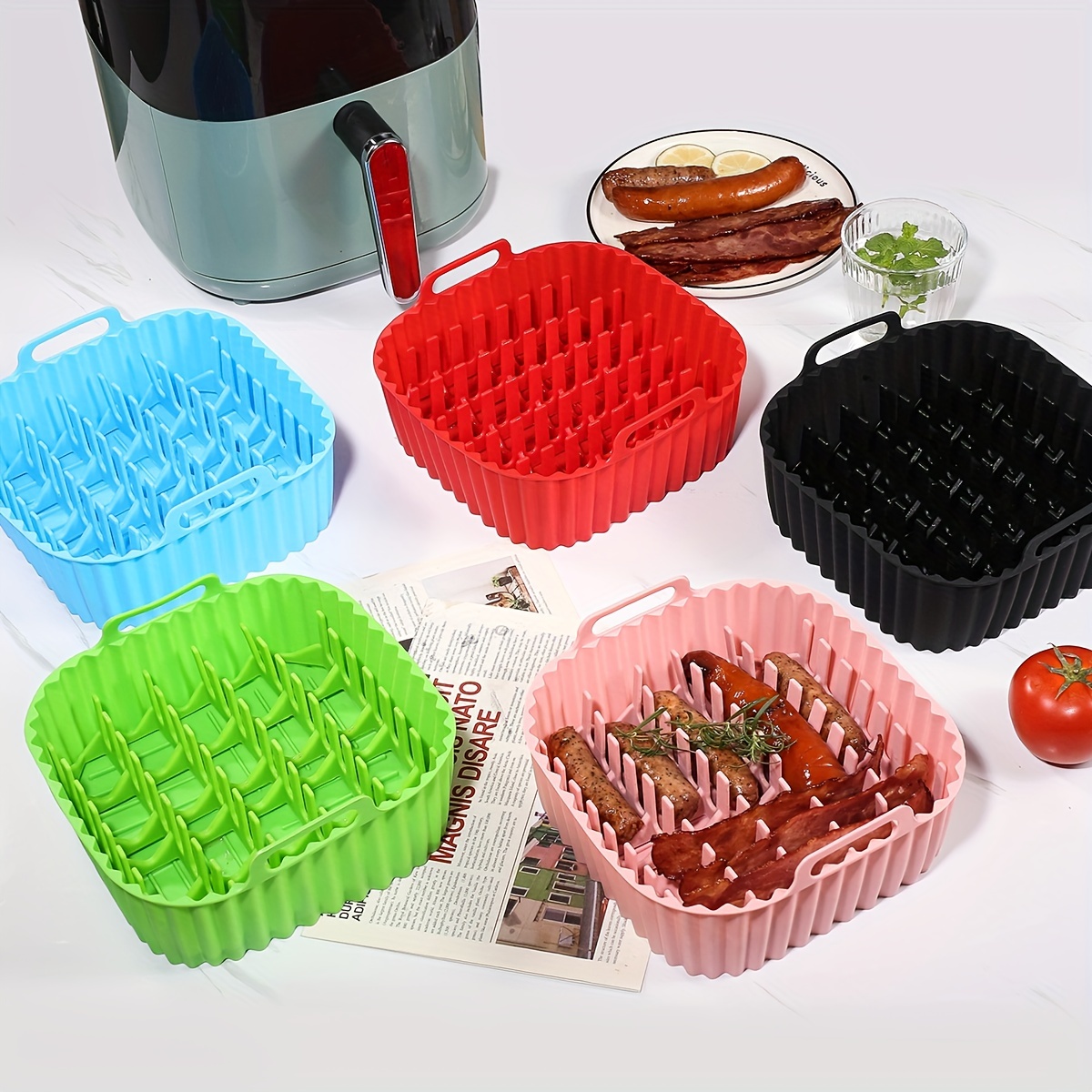 Silicone Air Fryer Liner With Bacon Grill Rack, Square Air Fryer Liners  Pot, Silicone Basket Bowl Fits 7qt Air Fryers, Reusable Baking Tray,  Dishwasher Safe, Oven Accessories, Baking Tools, Kitchen Gadgets, Kitchen