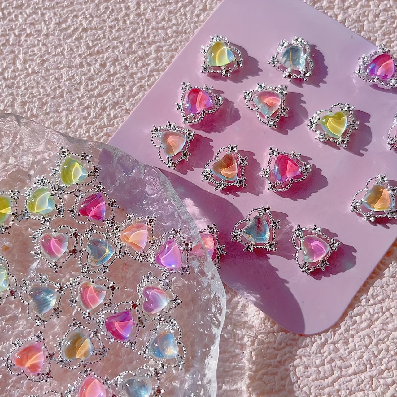 Nail Art Additions Featuring Three-dimensional Heart-shaped Glass And Metal Gems, Versatile Iridescent Heart Nail Decorations