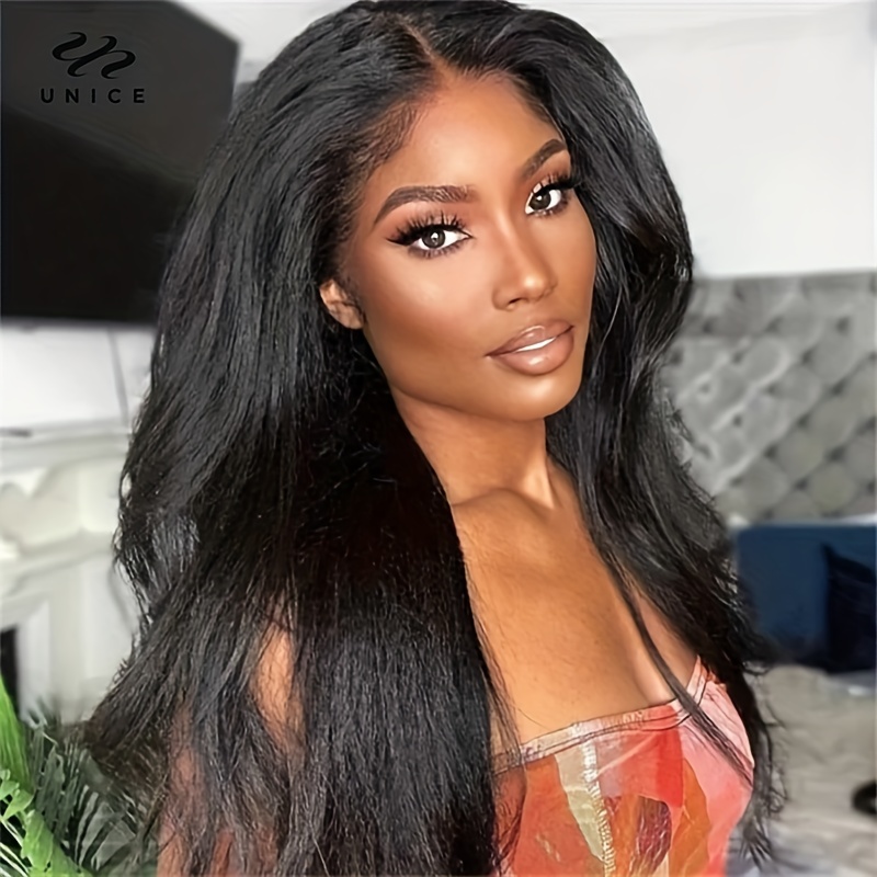 Kinky Straight 4x4 Lace Front Hair Wigs Pre Cut Lace Yaki Straight Hair Wigs For Women 150 Density Glueless Human Hair Wigs With Breathable 3D Dome Cap