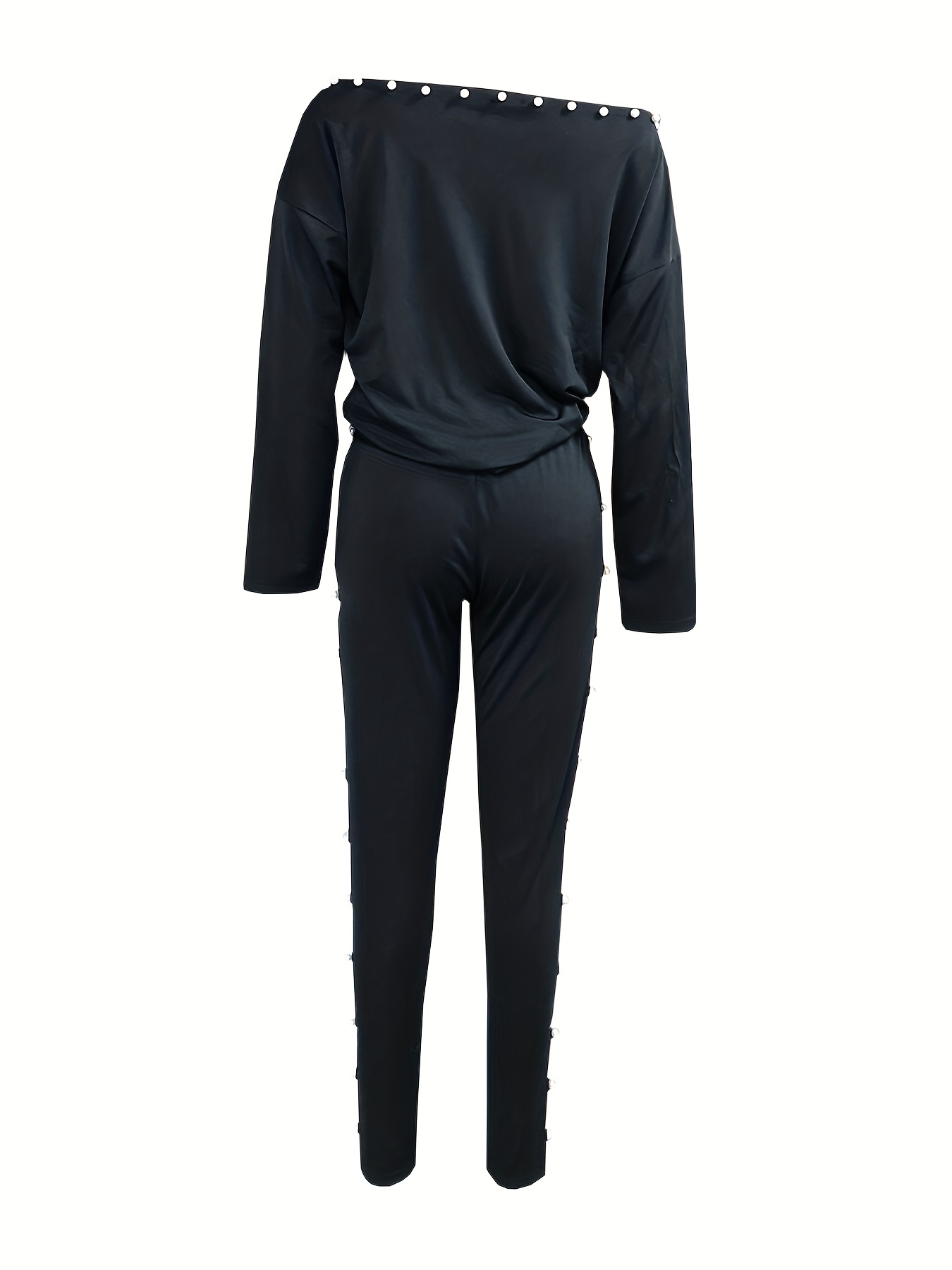 Beaded Two-piece Set Slanted Shoulder Long Sleeve Tops & Pants