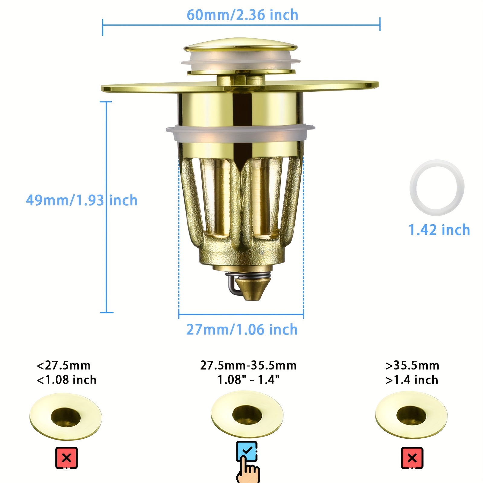 Tapón de fregadero emergente con filtro de obstrucción, tapón de drenaje  universal, drenaje de fregadero de encimera, drenaje de bañera (dorado,  34-38 mm) brillar Electrónica