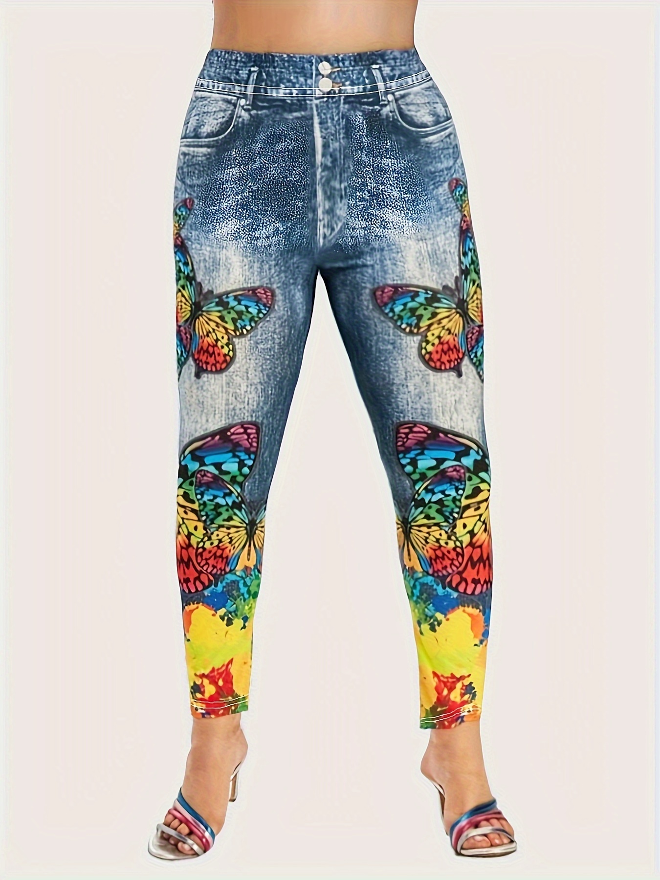 Butterfly Print High Waist Leggings, Casual Knitted Skinny Leggings For  Spring & Fall, Women's Clothing