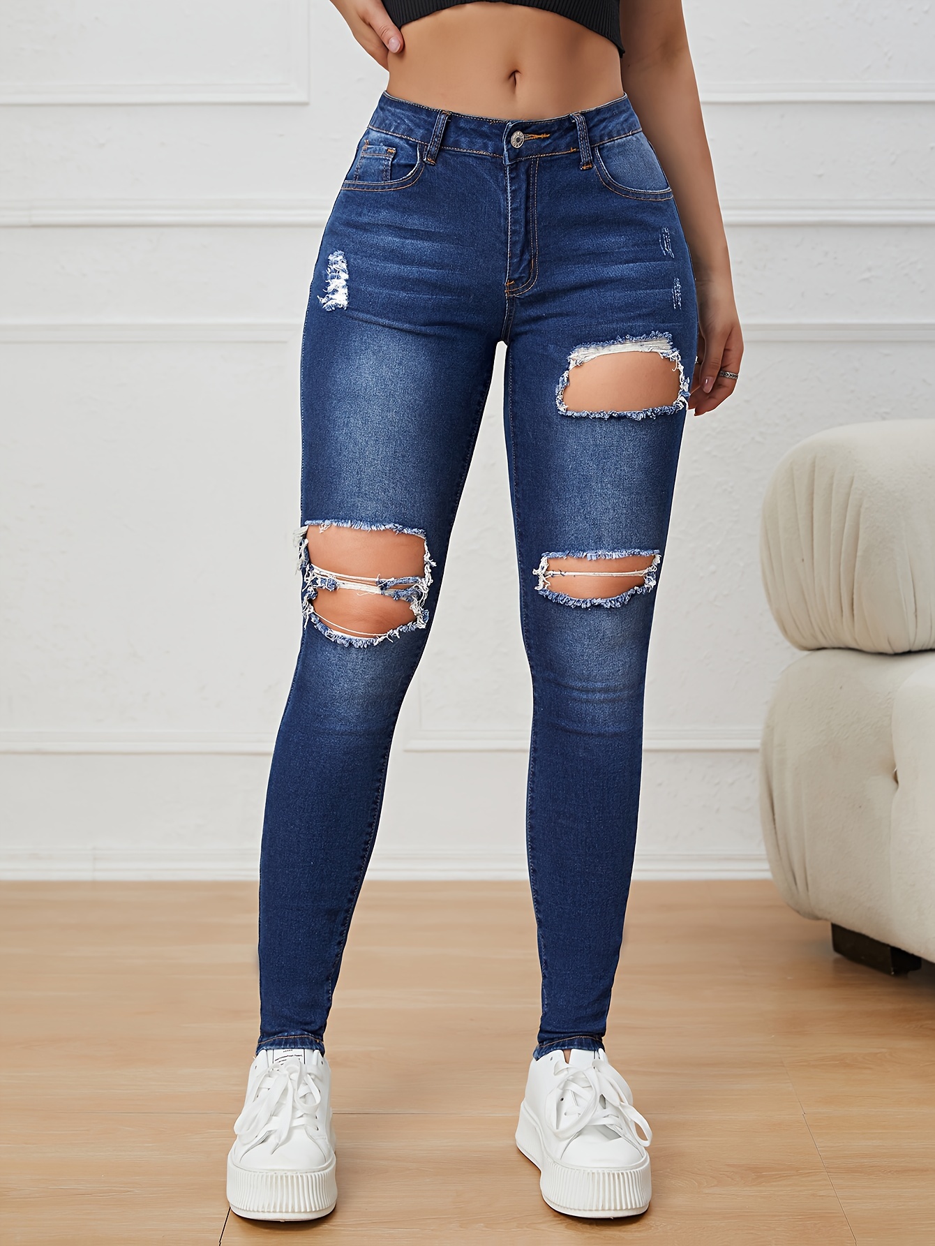 Jeans ajustados de tiro alto rasgados, pantalones de mezclilla con curvas  desgastados sexys elásticos * lavados claros, jeans y ropa de mezclilla