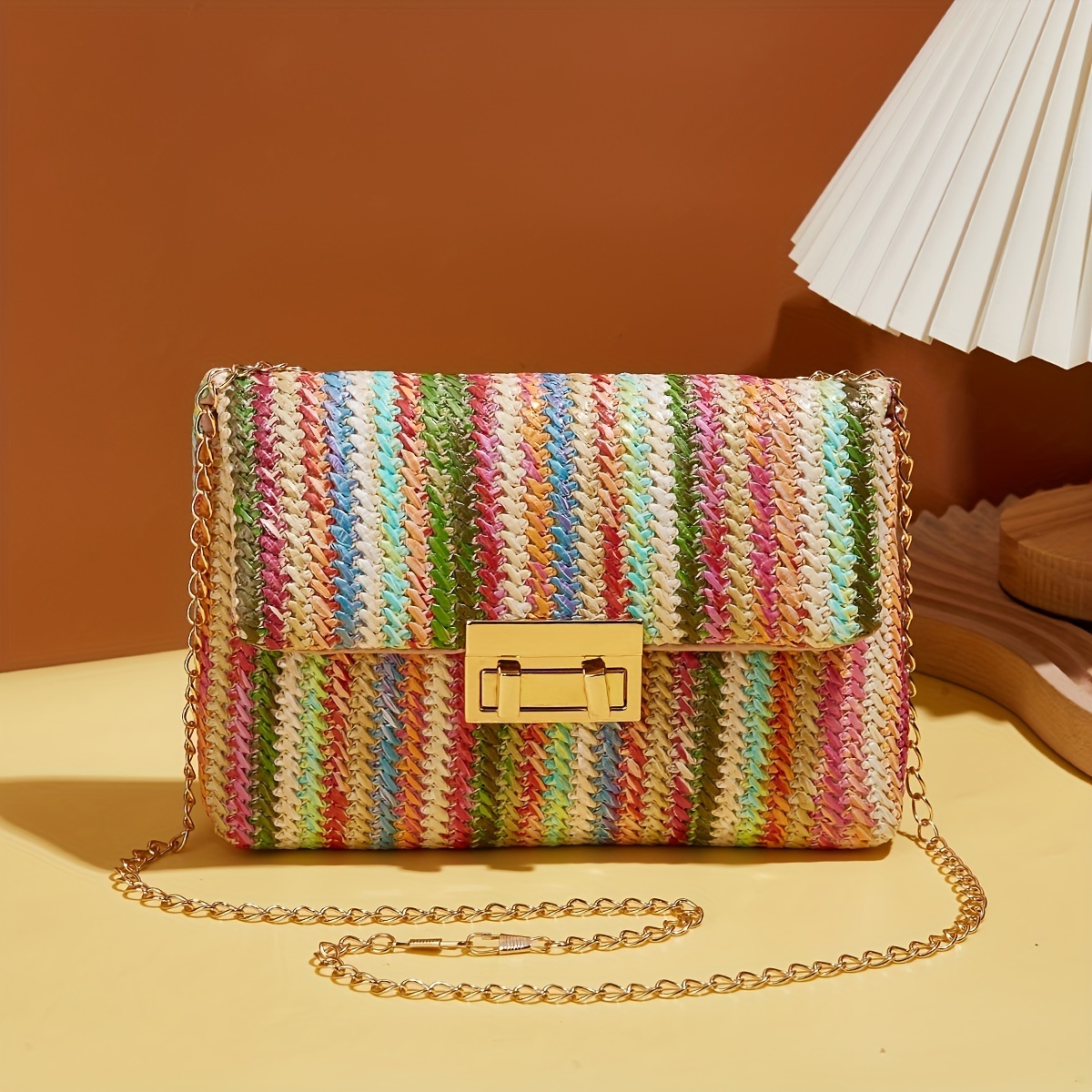 

Colorful Straw Woven Beach Bag, Fashion Chain Crossbody Bag, Women's Rainbow Design Square Purse