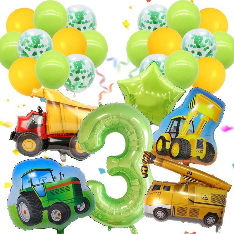  Globos de construcción para decoraciones de cumpleaños de 4 años  para niños con globo de aluminio de camión volquete número 4 y globos de  látex negro, amarillo y naranja, para suministros