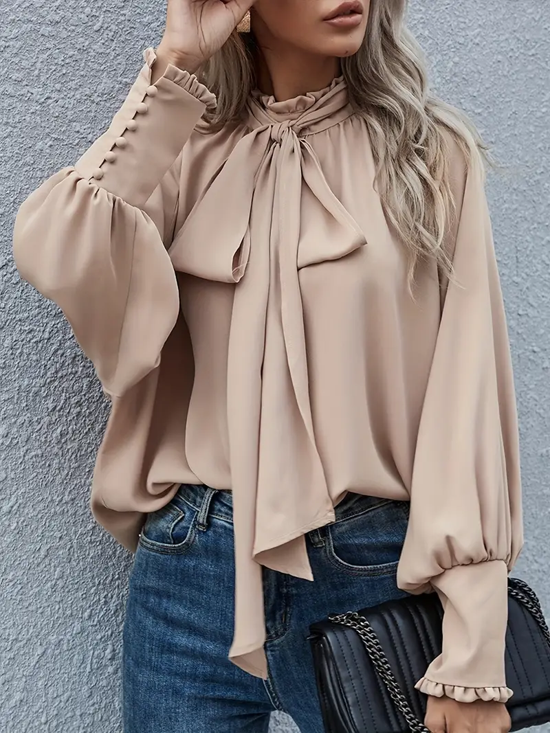 Ruffle Trim Tie Neck Blouse Casual Solid Long Sleeve Blouse - Temu