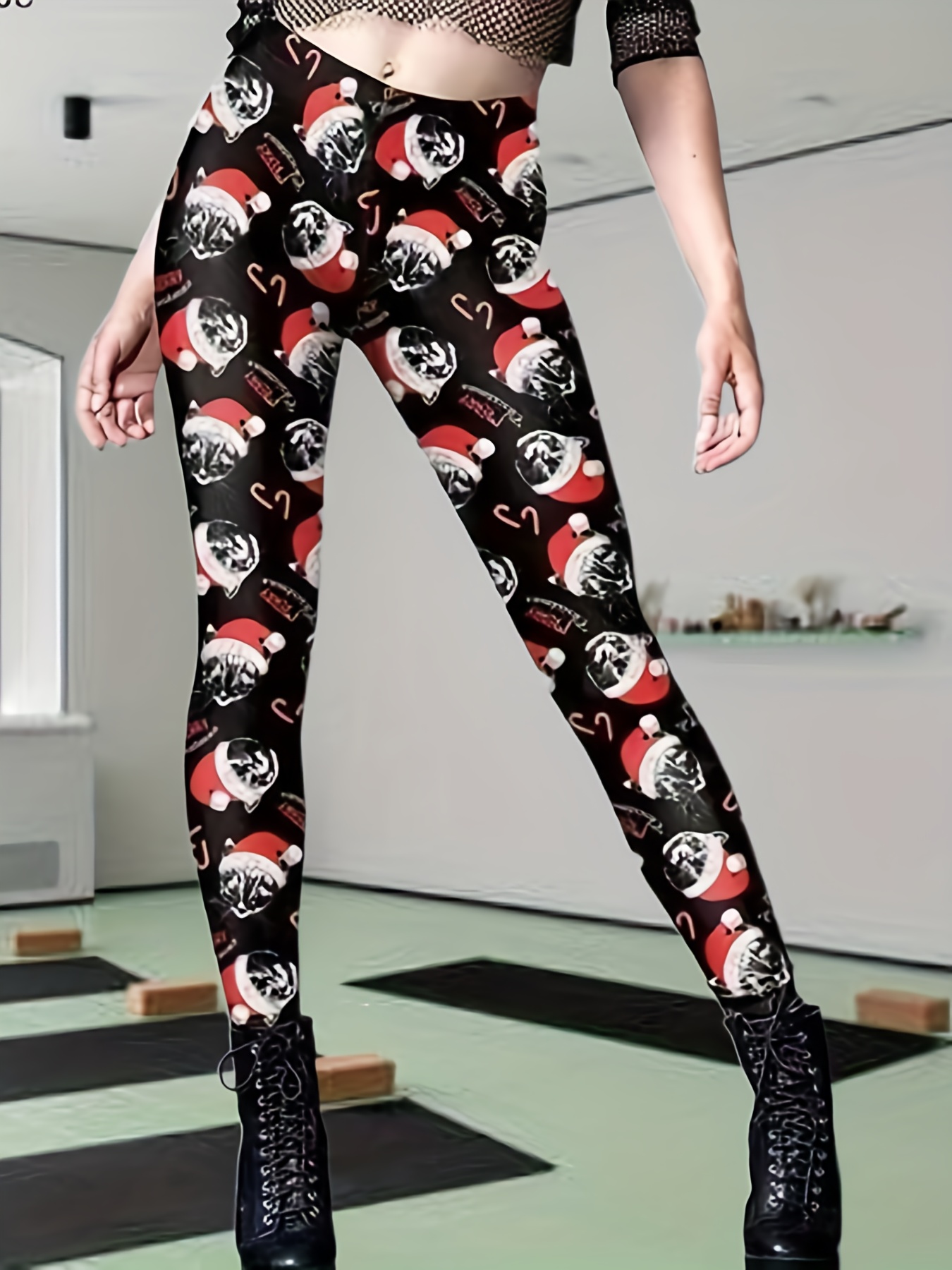 Christmas Cat Print Skinny Leggings, Cute Elastic Waist Stretchy Leggings,  Women's Clothing