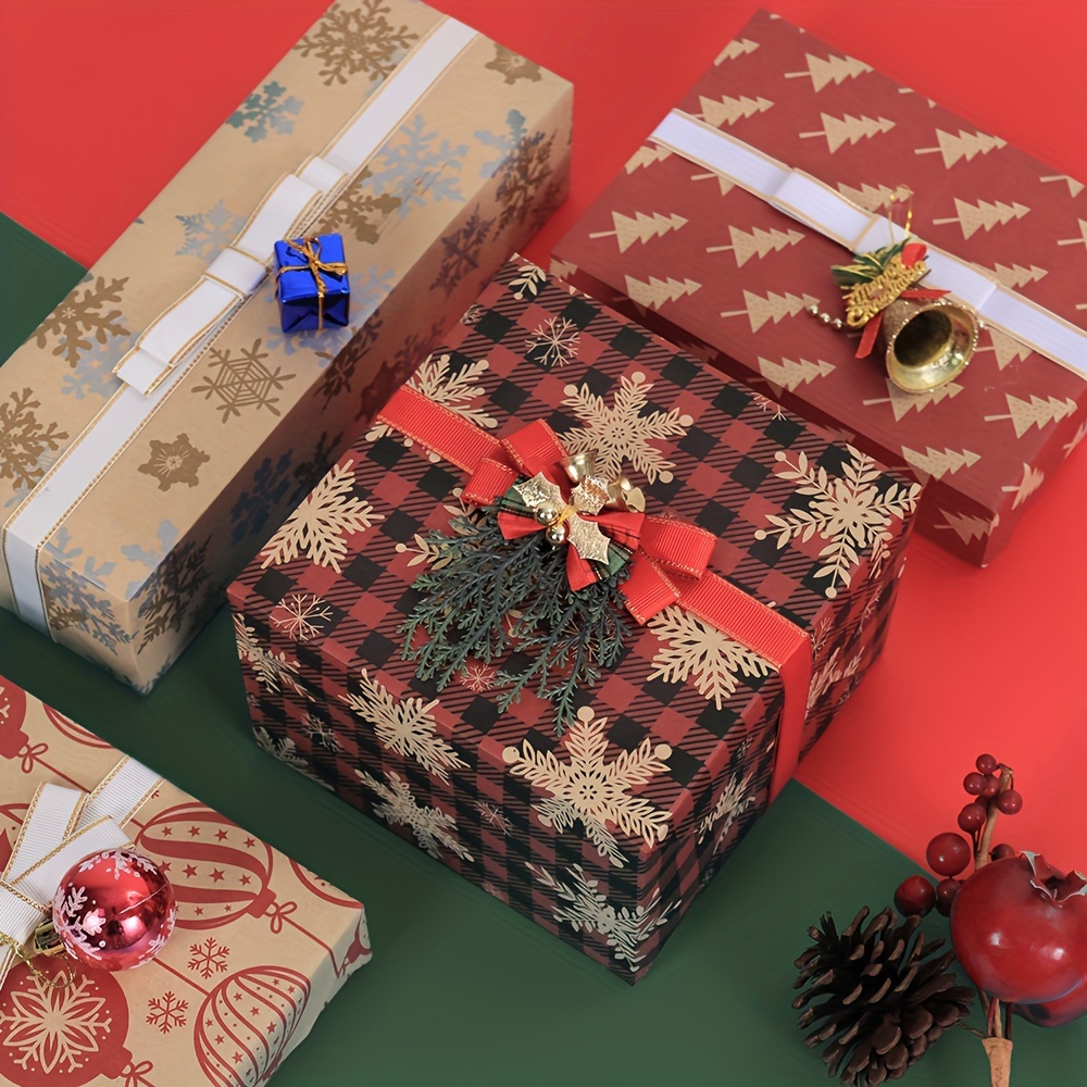 Christmas Wrapping Paper Bundle - Brown Kraft Paper with Color Pattern For  - Christmas Elements Collection-1 Roll - 20*27.5In Per Roll