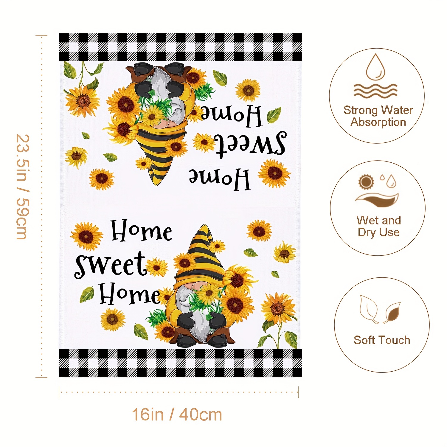 Lebsitey Bee Gnome Kitchen Towels, 2 Pack Cute Gnomes Bee Happy Be Blessed  Absorbent Drying Tea Dish Towel for Cooking Baking, 18 x 28 Inch (Bee