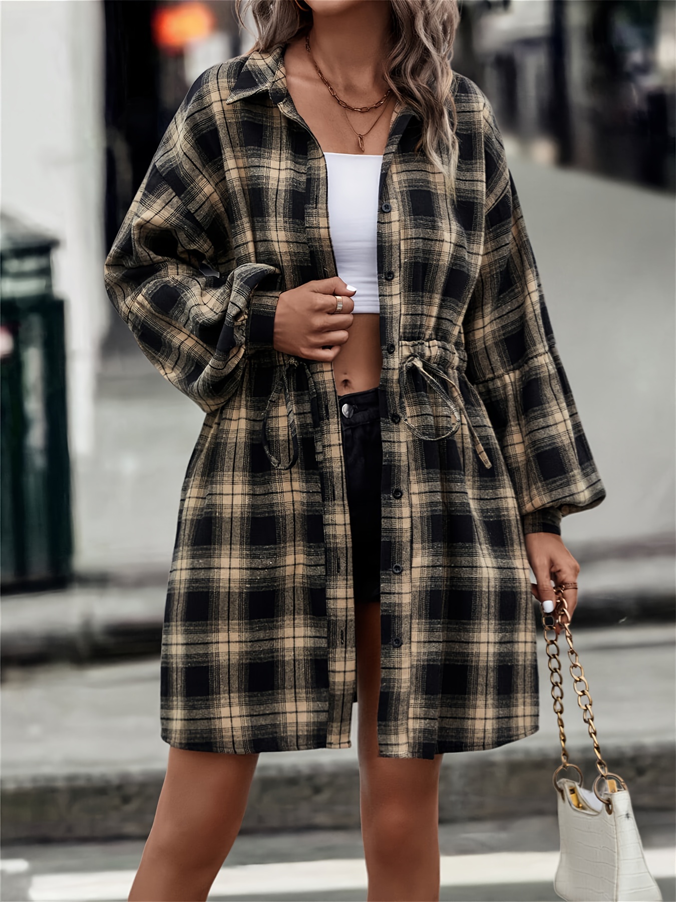 Plaid Print Drawstring Shirt Dress Elegant Lantern Sleeve - Temu