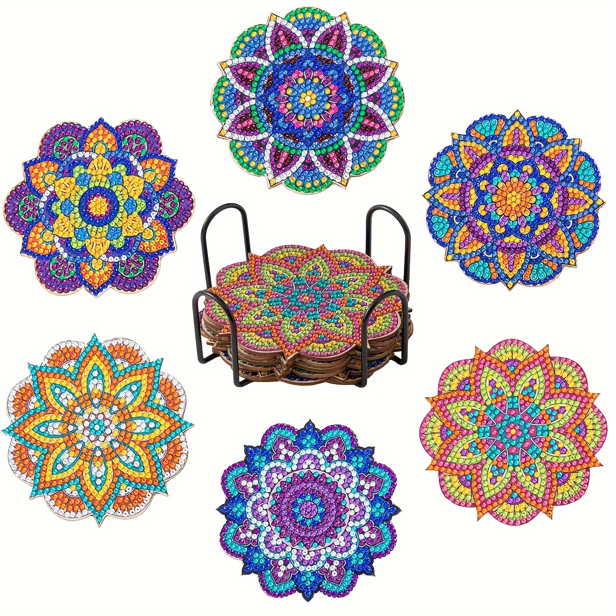 

6pcs Diamond Painting Coasters With Brackets, Mandala Diy Diamond Art Coaster Set, Suitable For Adult, Beginner Art And Craft Supplies