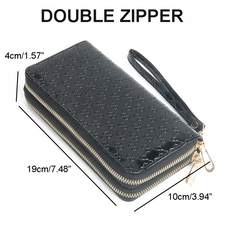 Double Zipper Clutch Long Wallet, Glossy Stylish Coin Purse
