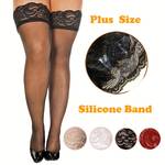 Plus Size Basic Stockings, Women's Plus Solid Contrast Lace Trim Semi Sheer Tight Highs