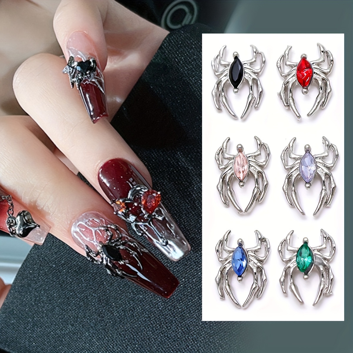 6pcs Halloween Spider Nail Art Charms With Rhinestone,3D Alloy Spider Nail  Gem Accessories For DIY Nail Art Decoration,Nail Art Jewelry For Girls Nail