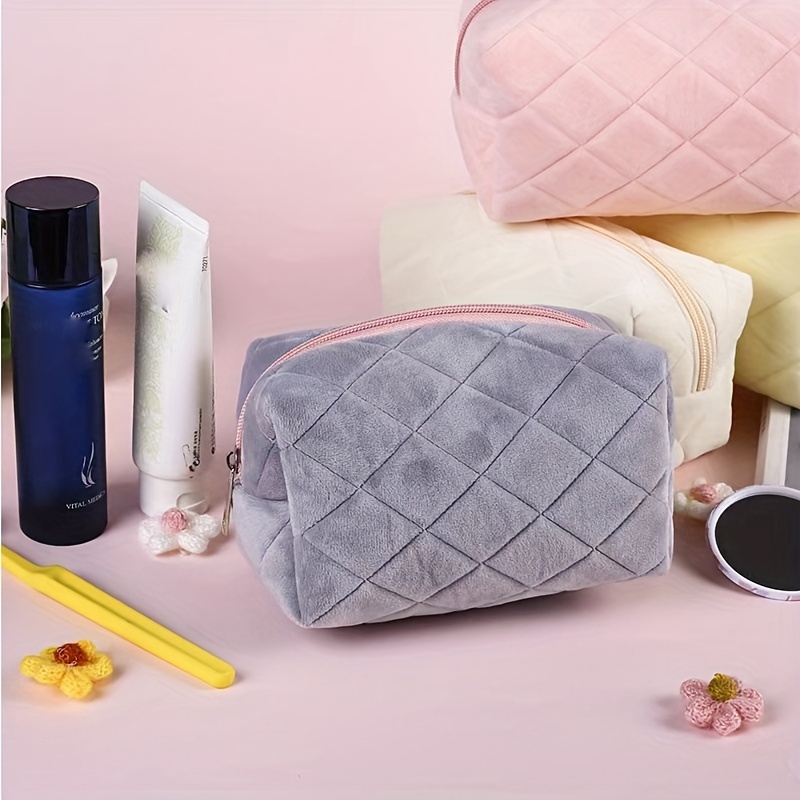 Floral & Letter Embroidery Square Makeup Bag Soft Plush Travel