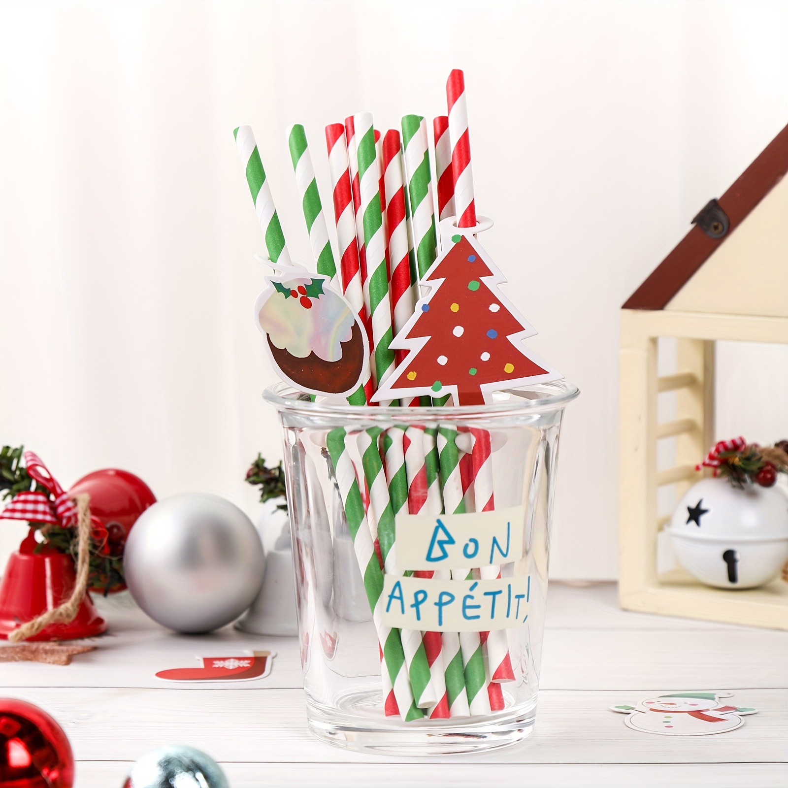 Christmas Straws Red Green Red Metallic Foil Stripes Snowman Straws  Christmas Party New Years Christmas Eve Dinner Metallic Straws 