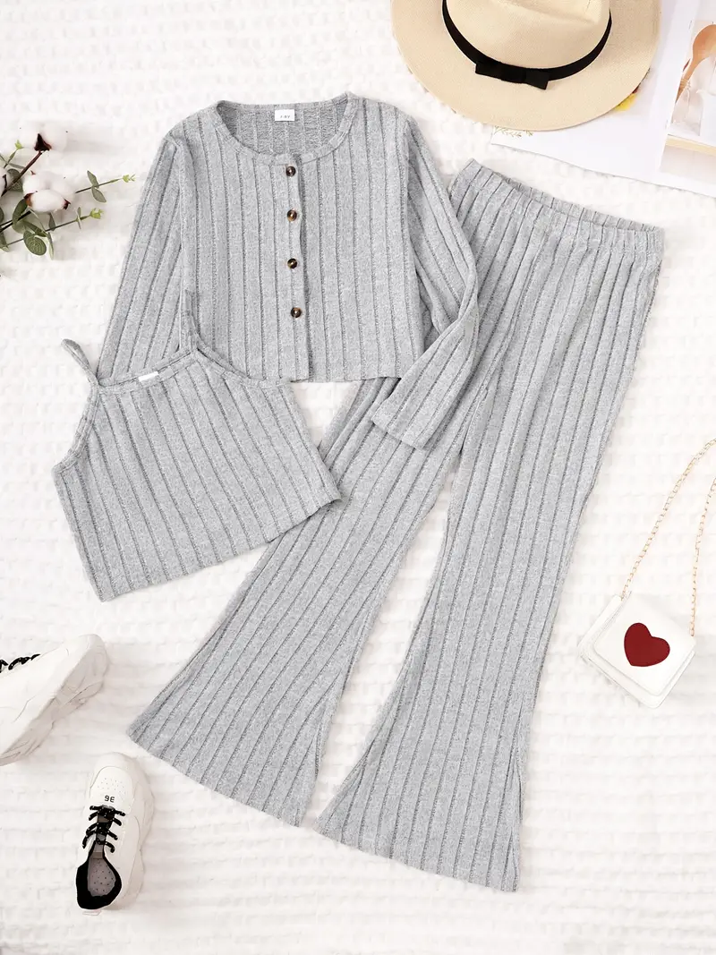 Girl's Causal Ribbed Outfit Long Sleeve Top Flare Pants Set - Temu Canada
