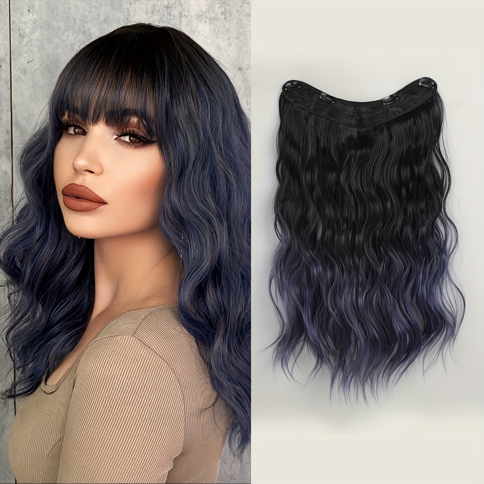 18 Inch Wig Black To Dark Blue Wavy Long Curly Hair Wigs Fashion Gradient  Color Kanekalon Heat Resistant Fiber Comfortable Synthetic Middle Part Wigs  For Daily Party