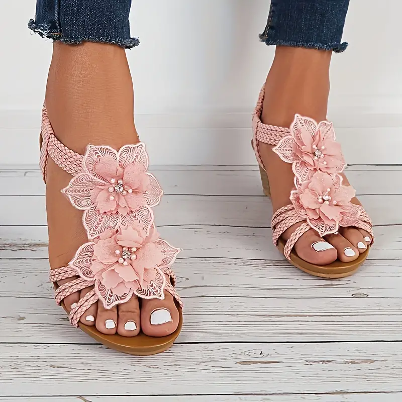Women's Flower Decor Wedge Sandals Boho Style Open Toe - Temu