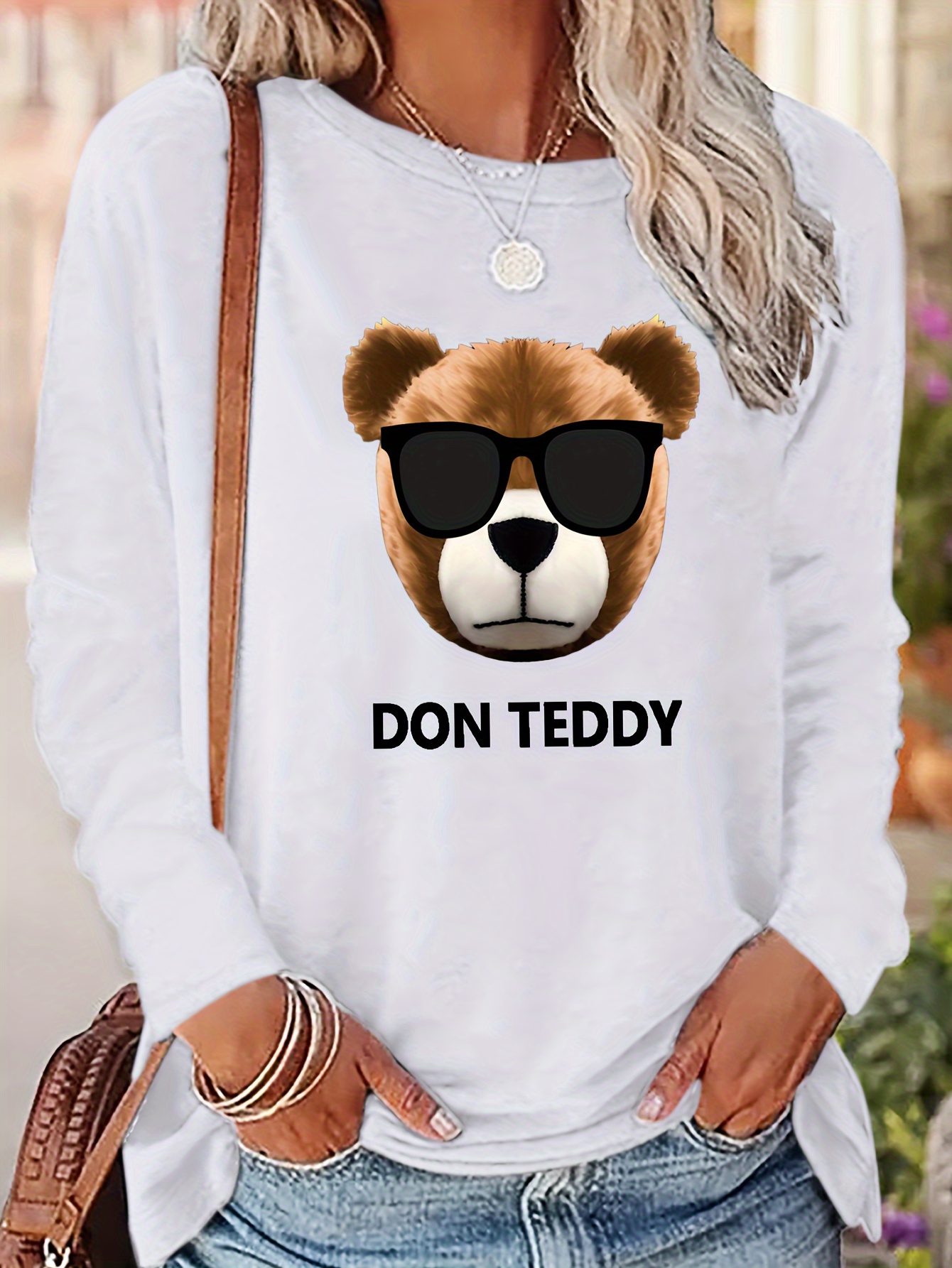 Teddy Bear Print Solid T Shirt Drop Shoulder Crew Neck Casual Top