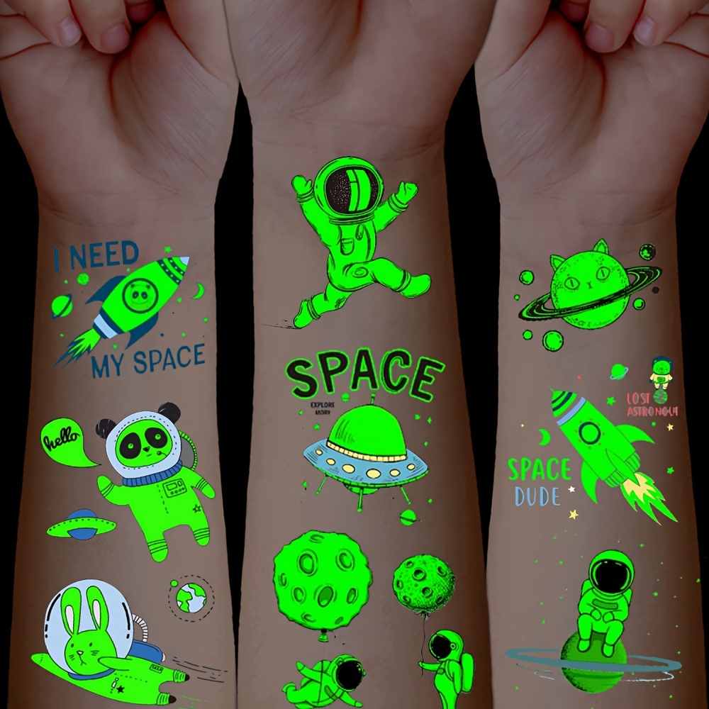 Brillando En La Oscuridad Tatuaje Pegatinas NASA Astronauta Ovni Alien  Luminoso Tatuajes Falsos Temporales Para Los Niños Cara Brazo Pierna Arte  Del Cuerpo