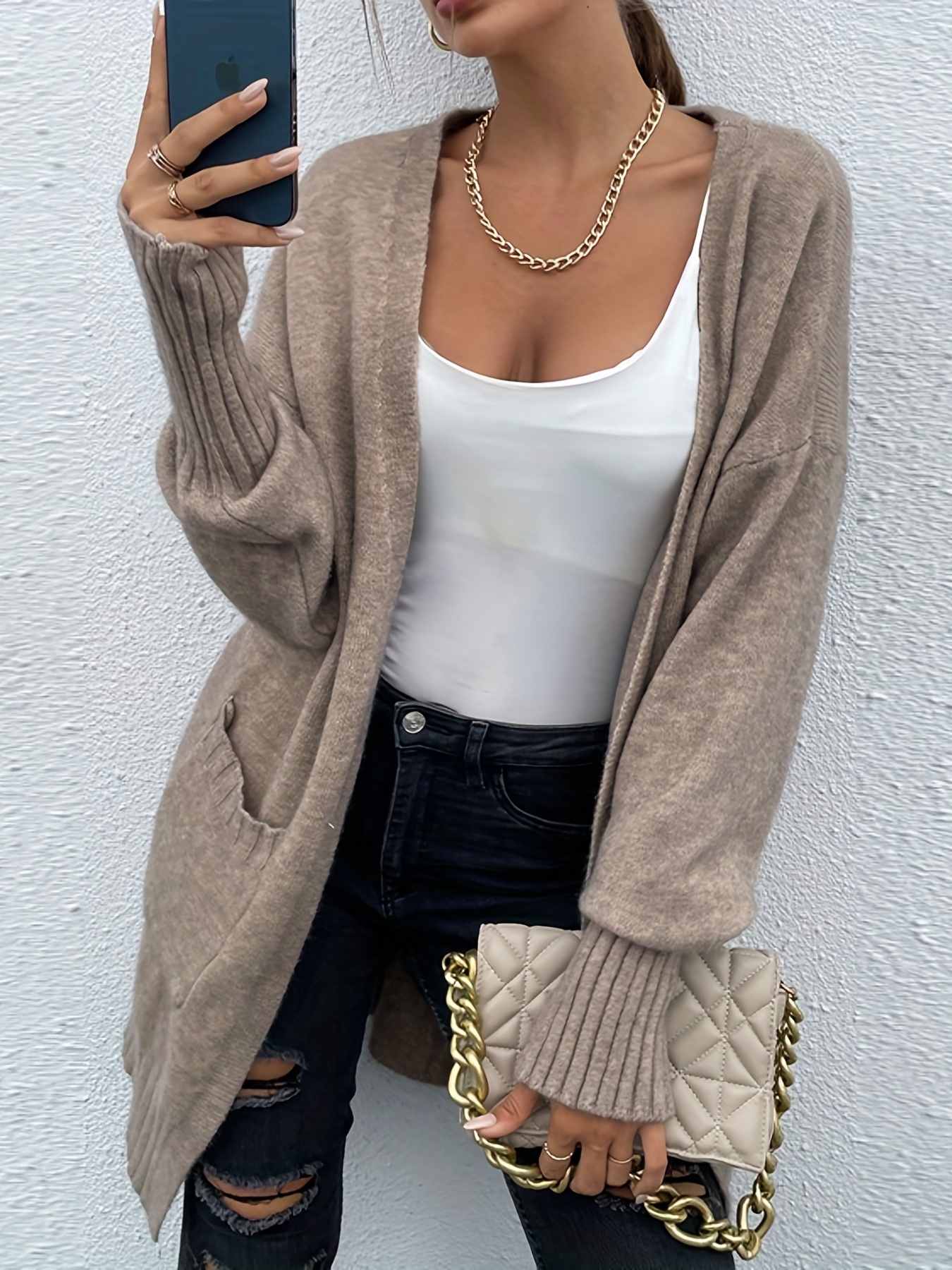 Solid Open Front Cardigan Casual Long Sleeve Drop Shoulder - Temu