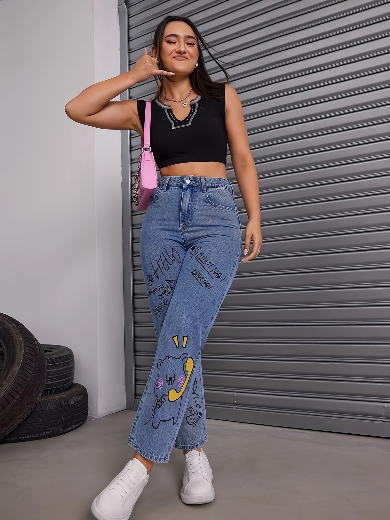 Cartoon Letter Print Straight Jeans Loose Fit Non stretch - Temu