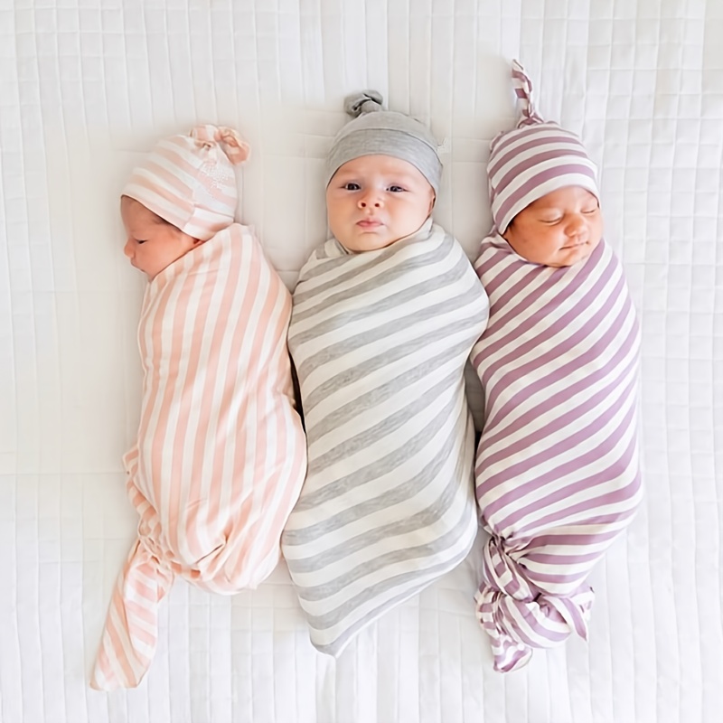 Newborn Cotton Striped Wrapping Fetal Cap and Blanket Set
