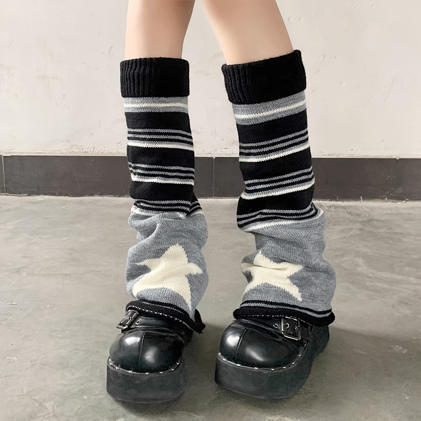 Star Print Striped Leg Warmers, JK Style Knee High Flared Leg Warmer Socks,  Women's Stockings & Hosiery