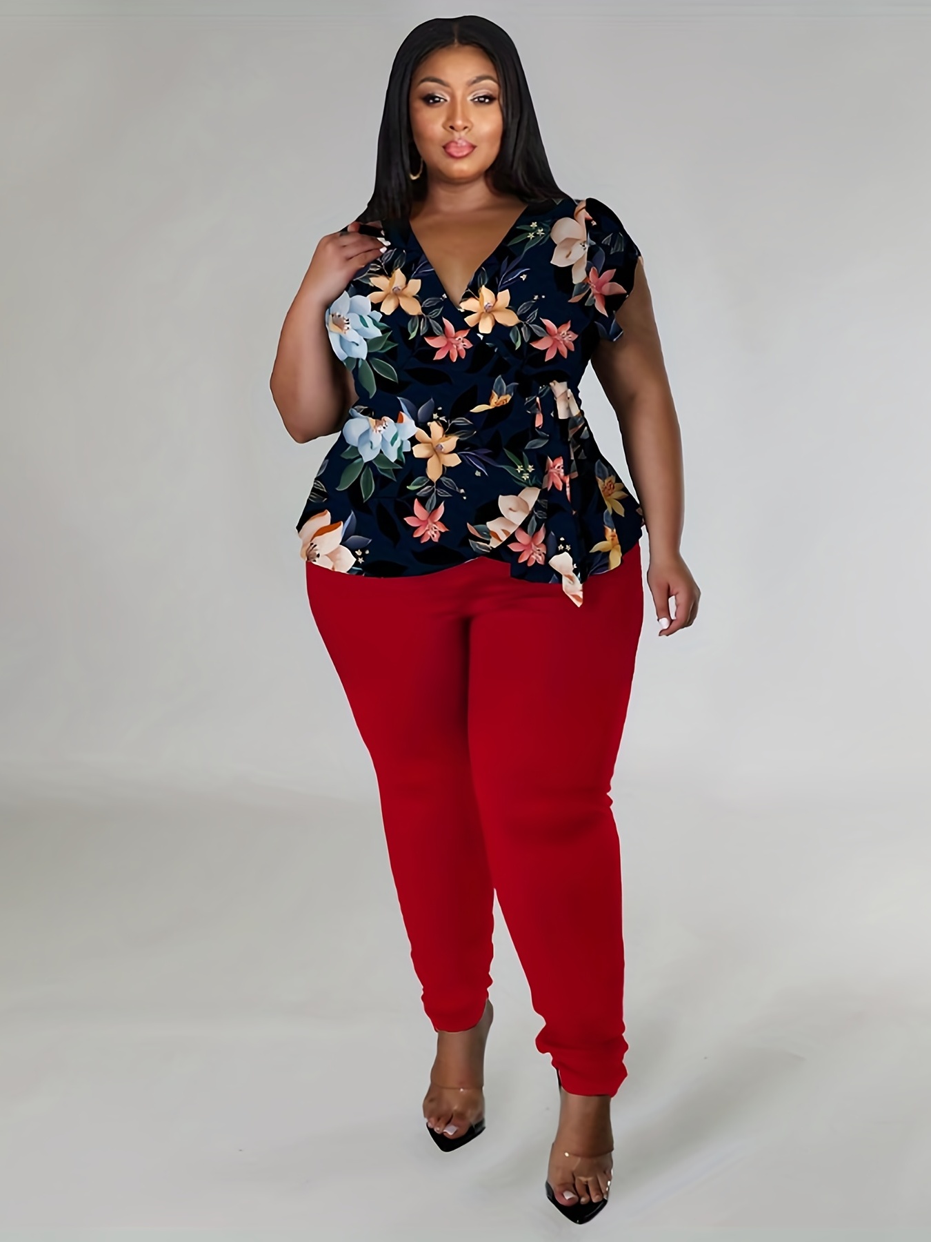 Plus Size Casual Outfits Set, Women's Plus Floral & Stripe Print Butterfly  Sleeve V Neck Top & Solid Ribbed Side Knot Capri Pants Outfits Two Piece Se
