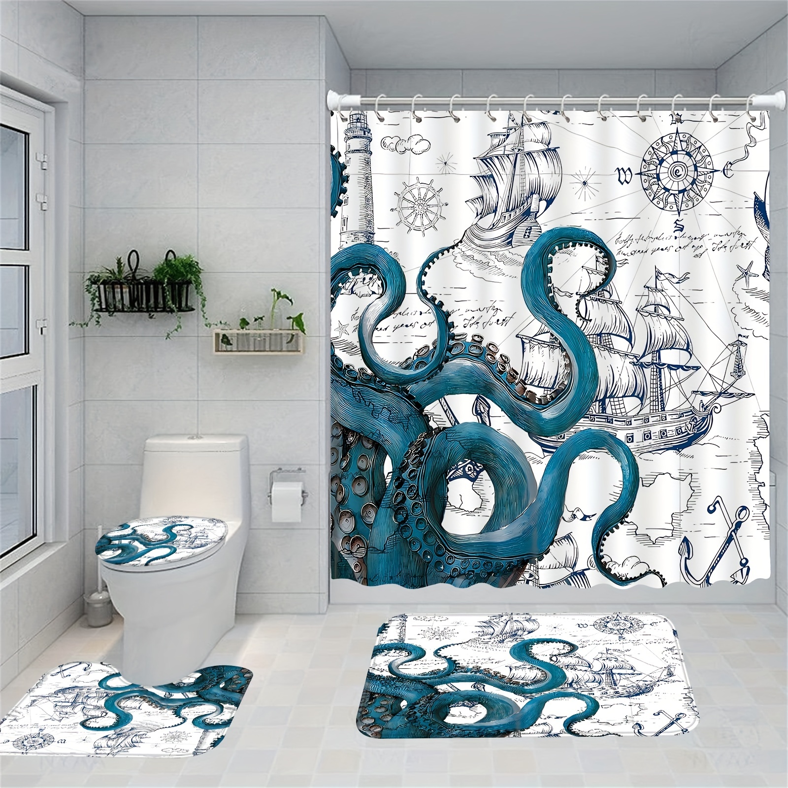 Ocean Pattern Shower Curtain Set, Waterproof Curtain With 12 Hooks,  Non-slip Rug, Toilet Lid Cover, Bath Mat, Bathroom Partition, Bathroom  Accessories, - Temu