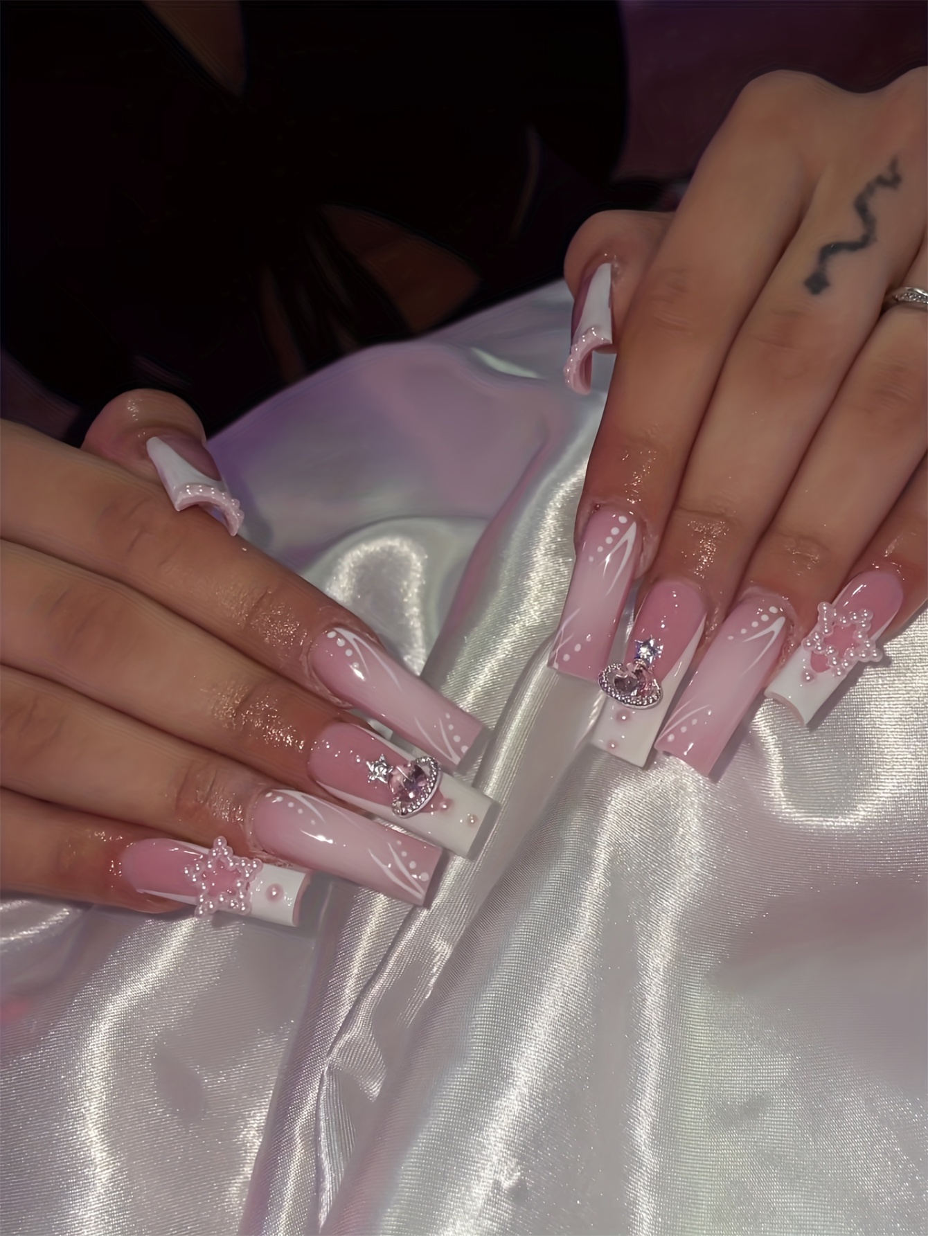 Glossy Pink Long Square Nails White French Tip Press - Temu