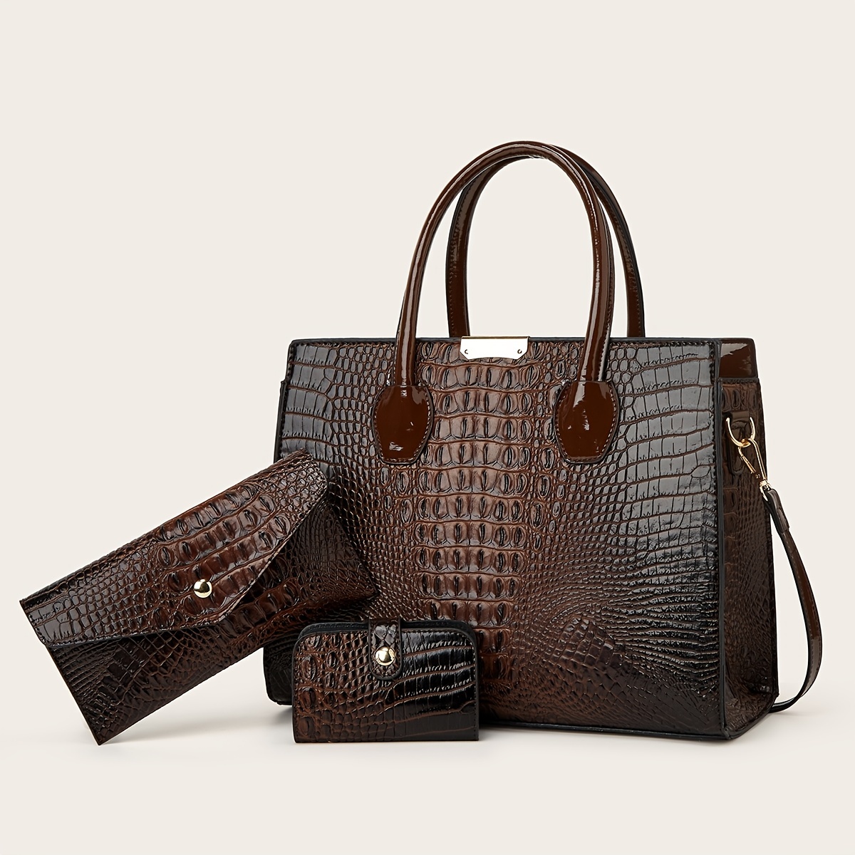 Crocodile Embossed Hand Bag Set, Zipper Shoulder Bag, Buckle Decor Clutch  Purse & Small Card Bag - Temu