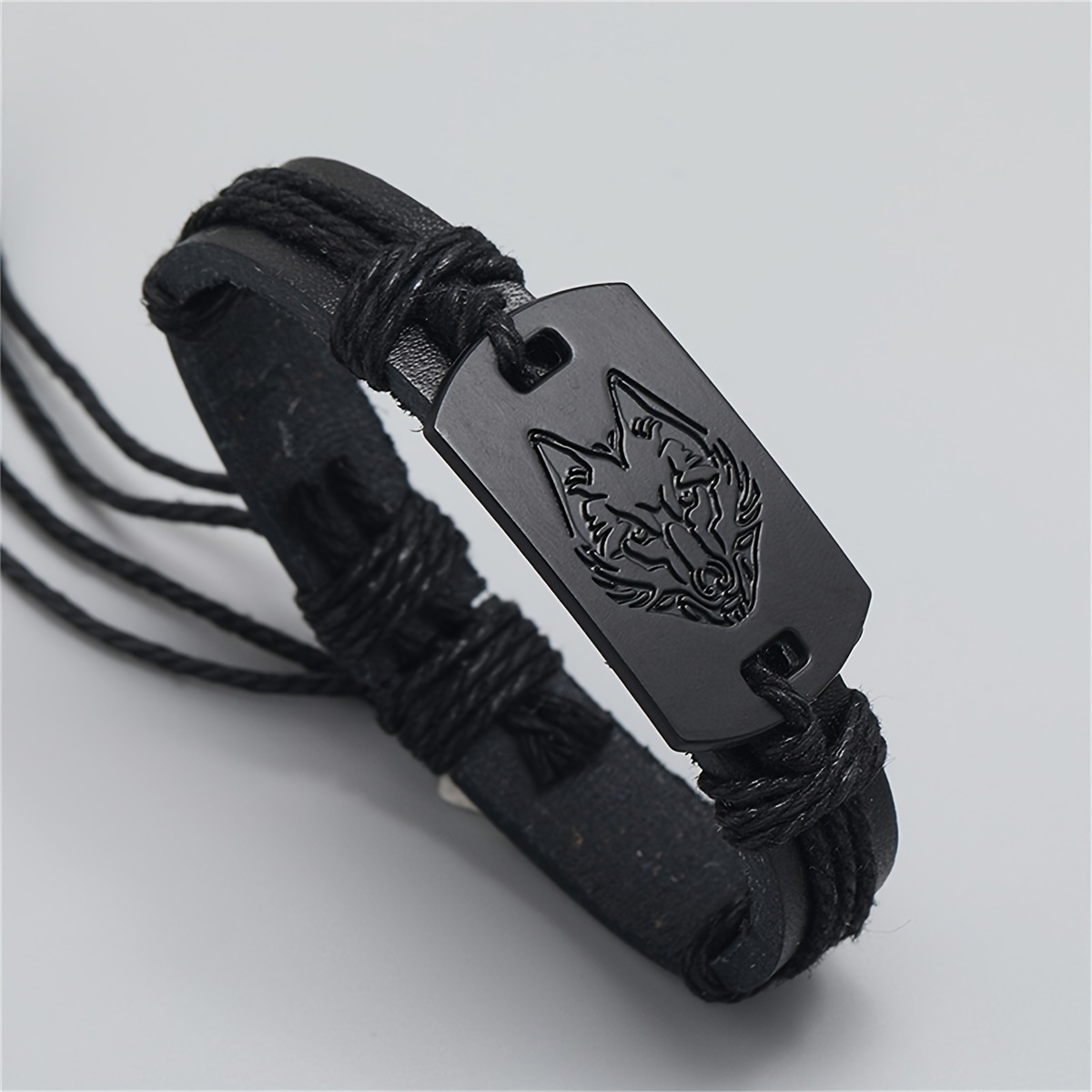 Image of 1pc Men's Punk Style Bracelet With Black Wolf - Handmade Braided Cord Accessory