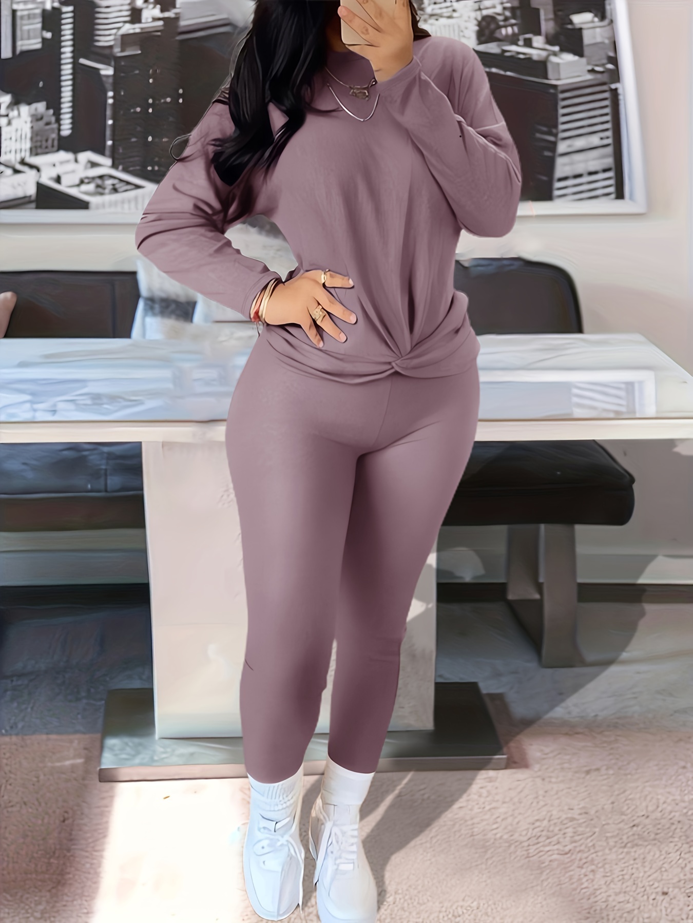 Plus Size Basic Outfits Set, Women's Plus Solid Lace Up Side Short Sleeve  Round Neck Top & Leggings Outfits Two Piece Set