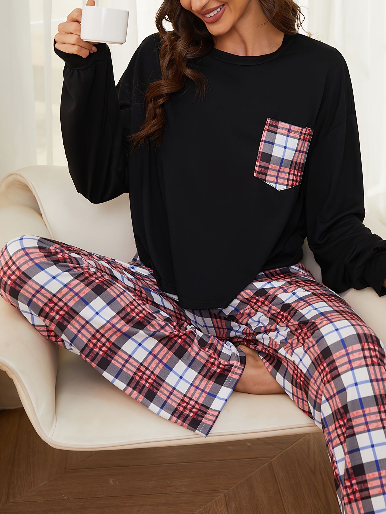 Comfy Plaid Pajama Set, Long Sleeve Letter Print Top & Pajama Pants,  Women's Sleepwear & Loungewear