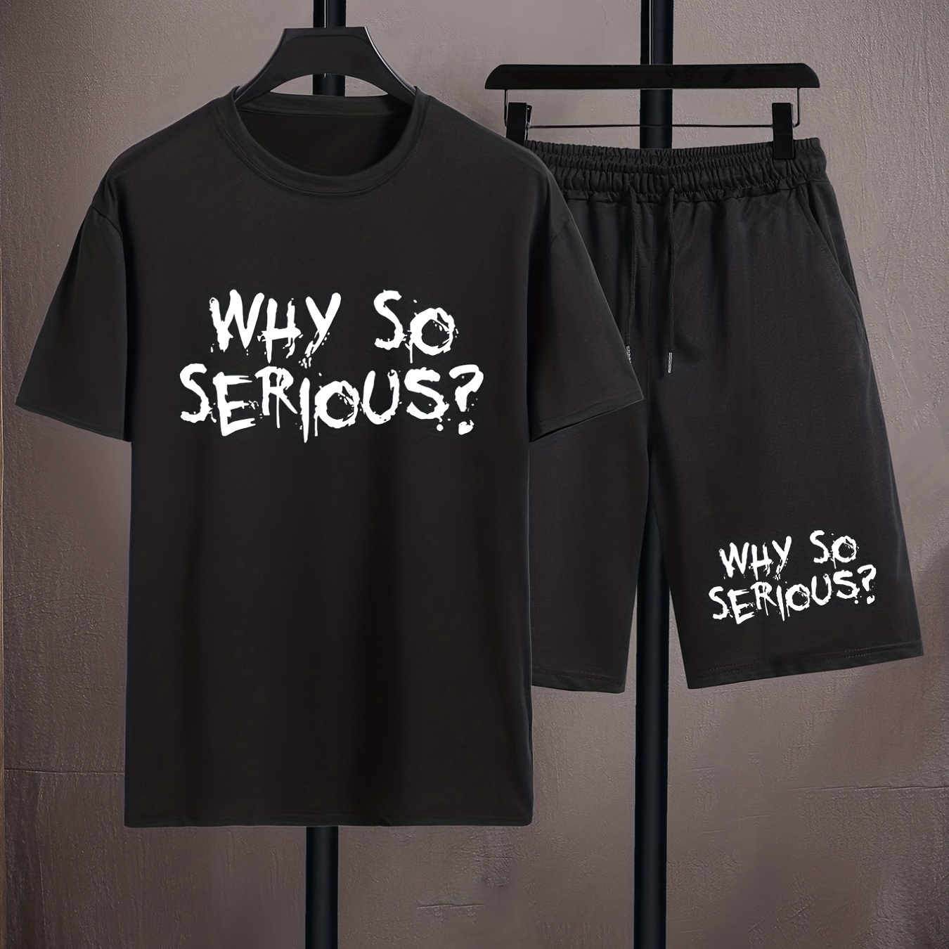 

Trendy Slogan Why So Serious Pattern Print Men's 2 Pieces Outfits, Casual T-shirt And Drawstring Shorts Set