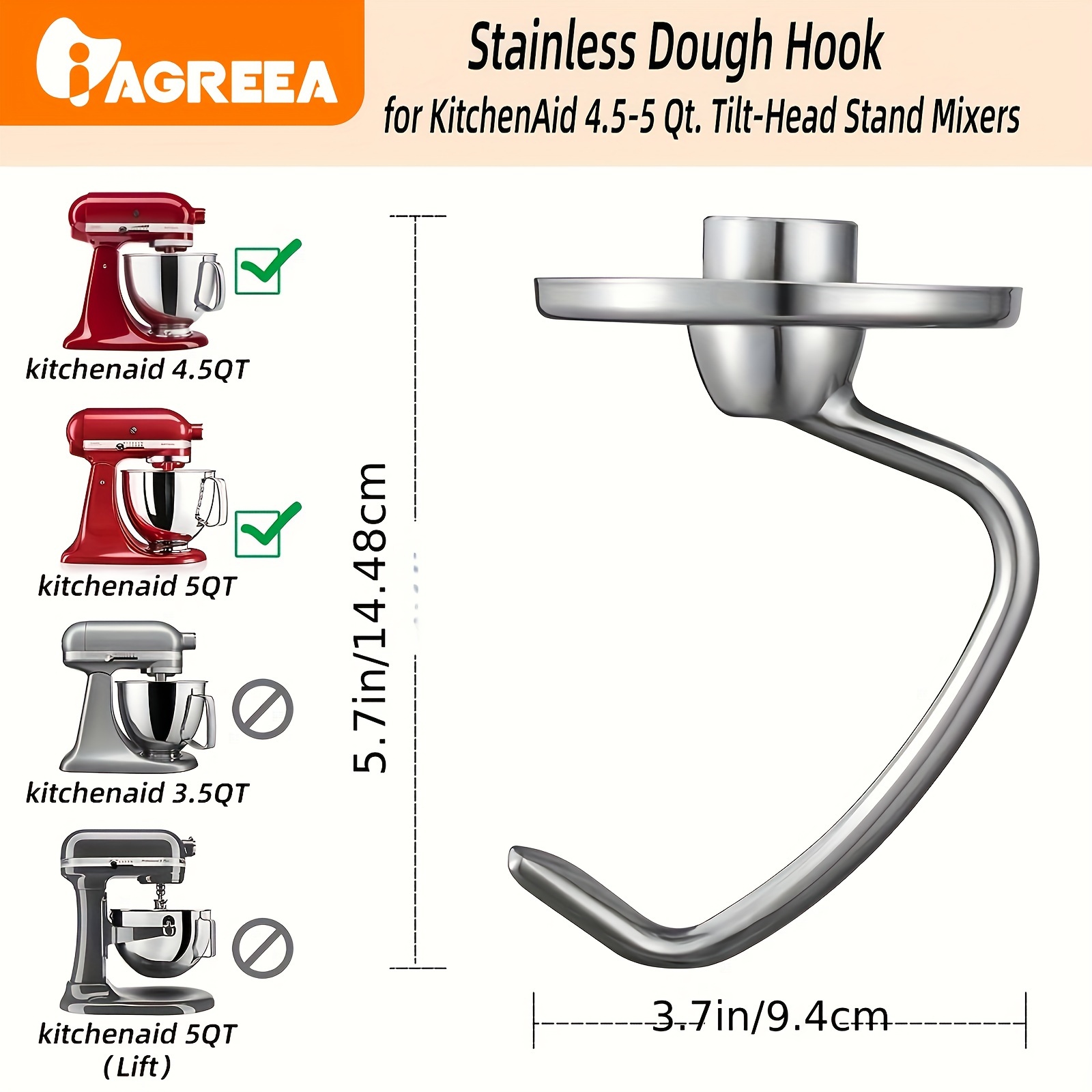 Kitchenaid Stainless Steel Spiral Dough Hook - Rustproof, Easy To