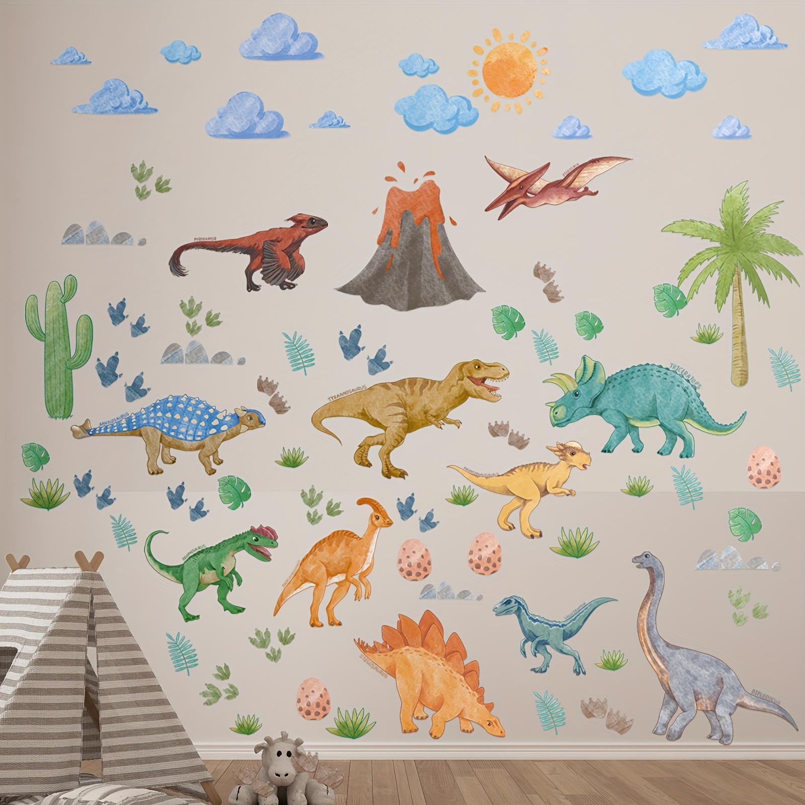 Dino Set Paste, Wall sticker for kids, Children Dinosaur Wall Decals Set  for Kids Bedroom, Nursery Watercolour Dino Stickers, Peel and Stick