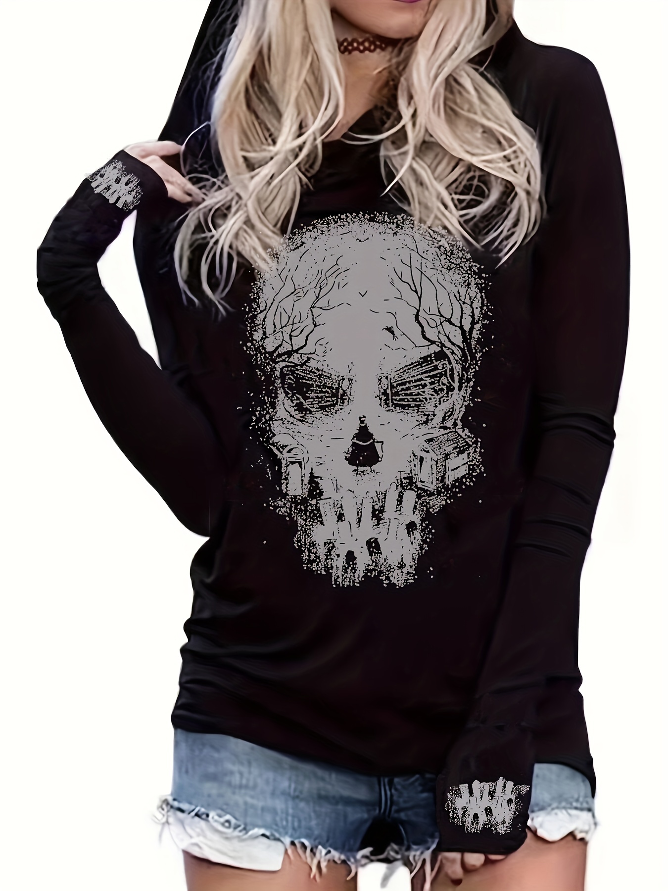 Women's Skull Cut Out T Shirt / Goth Ripped Skull Top 