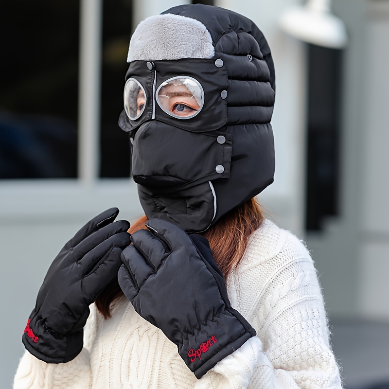 Gloves Bomber Hat Set Thick Hat Goggles Windproof - Temu