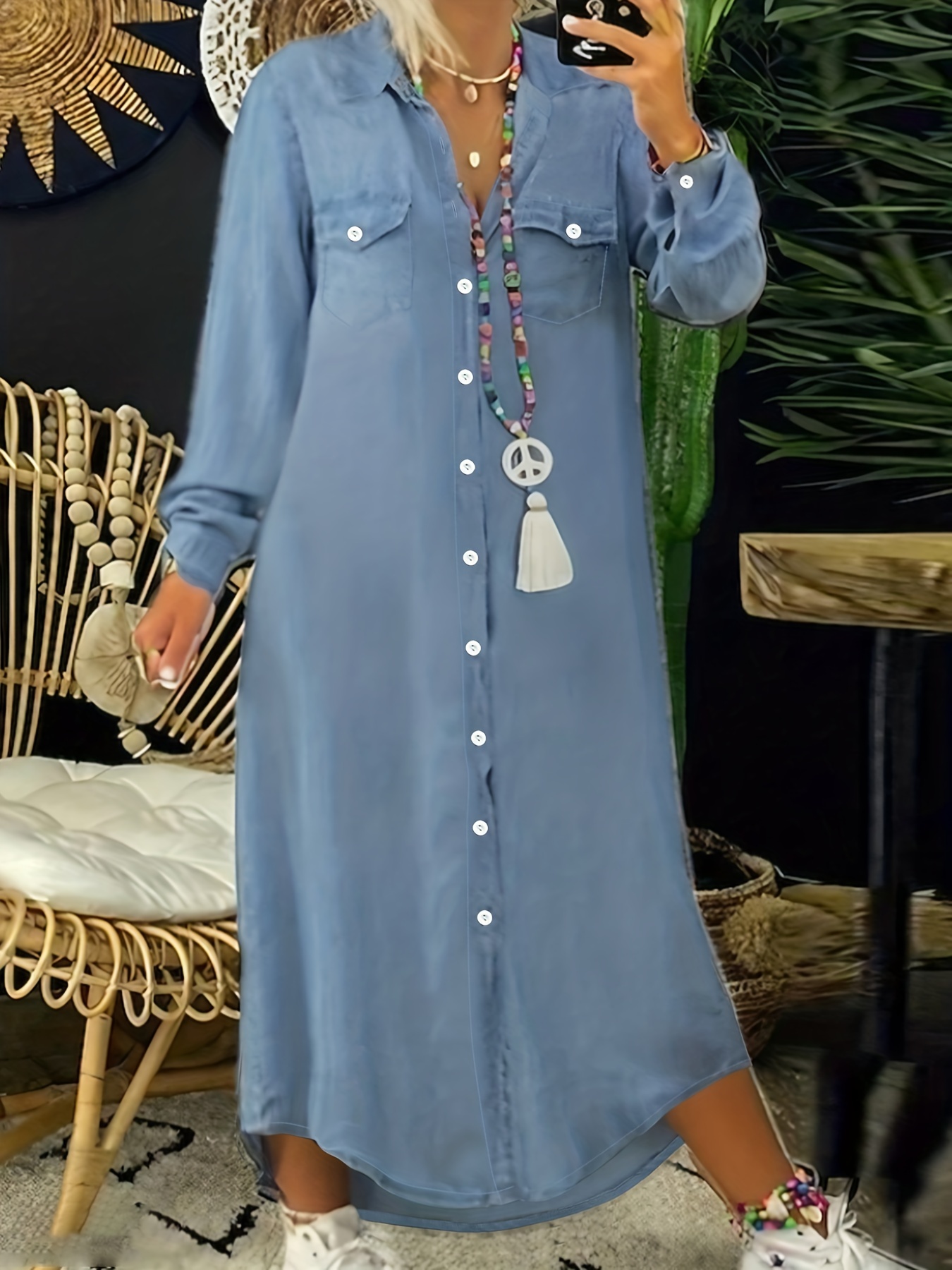 Plus Size Casual Denim Dress Women's Plus Long Sleeve Button - Temu