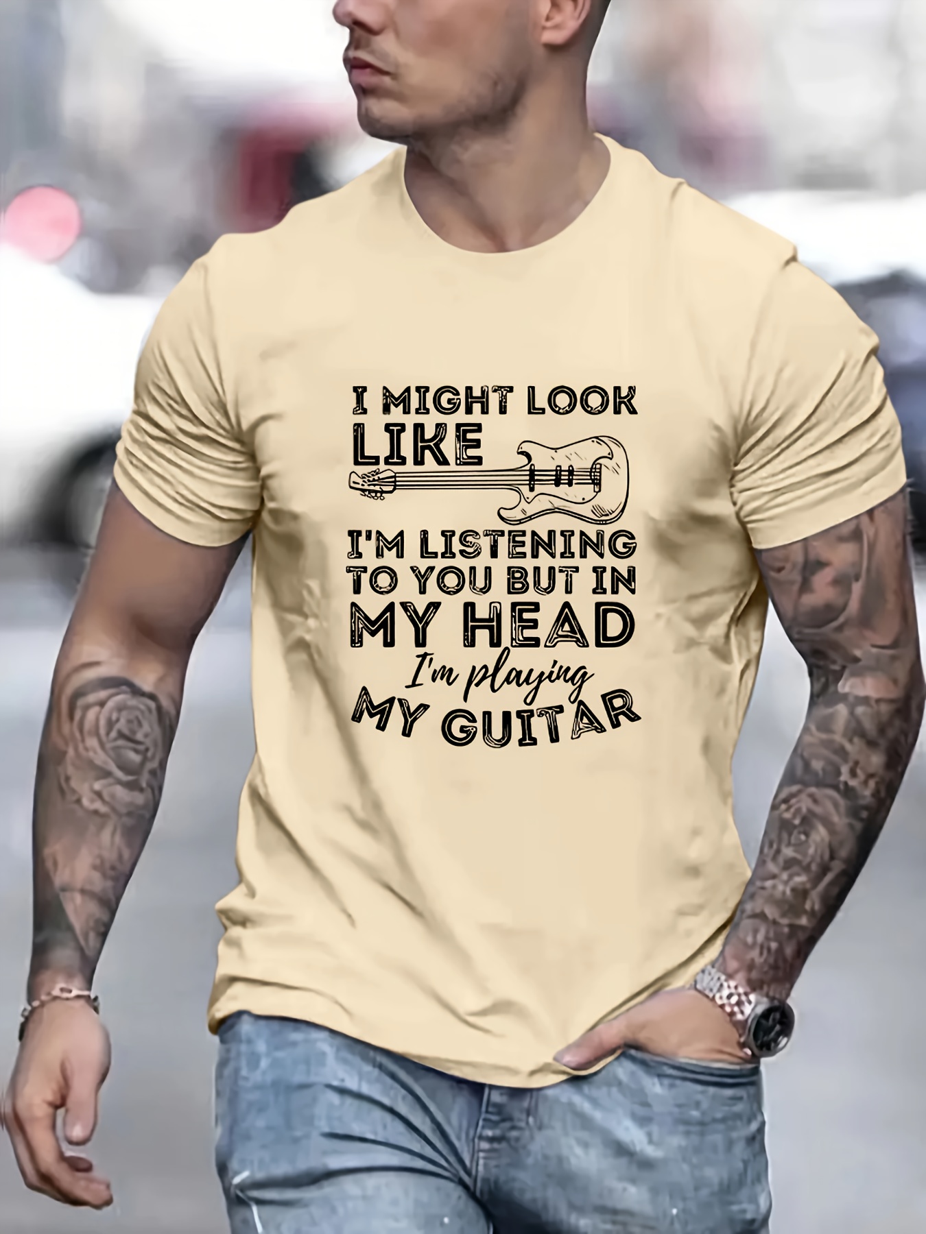 In Head 'm Playing Guitar Print T Shirt Tees Men Casual - Temu Ireland