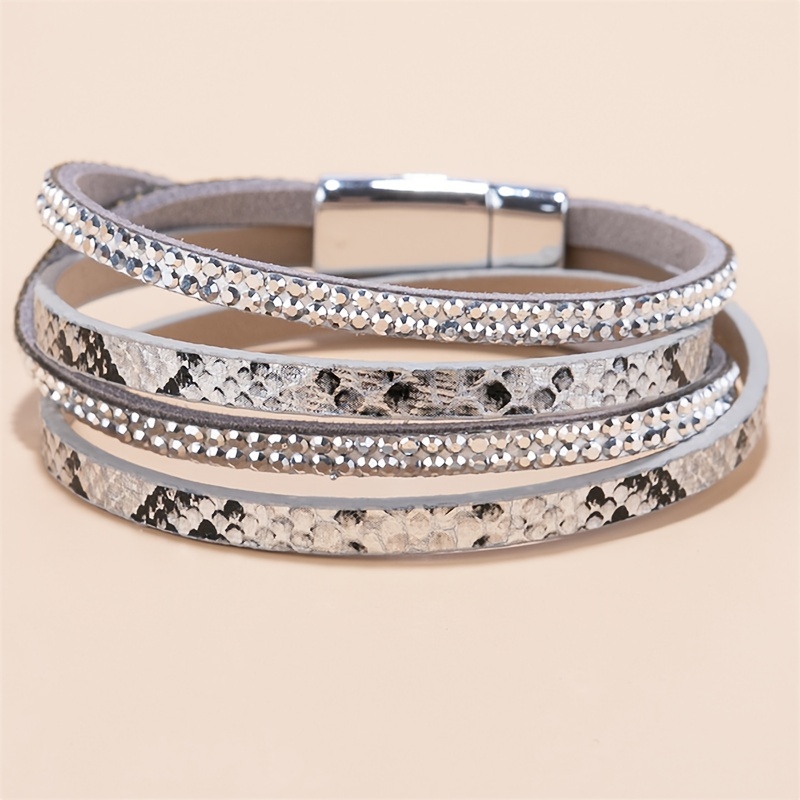 Multi-layer Bracelet Pu Leather Magnetic Buckle Bohemian Wrap Bracelet  Vintage Style Hand Jewelry Snakeskin Pattern - Temu