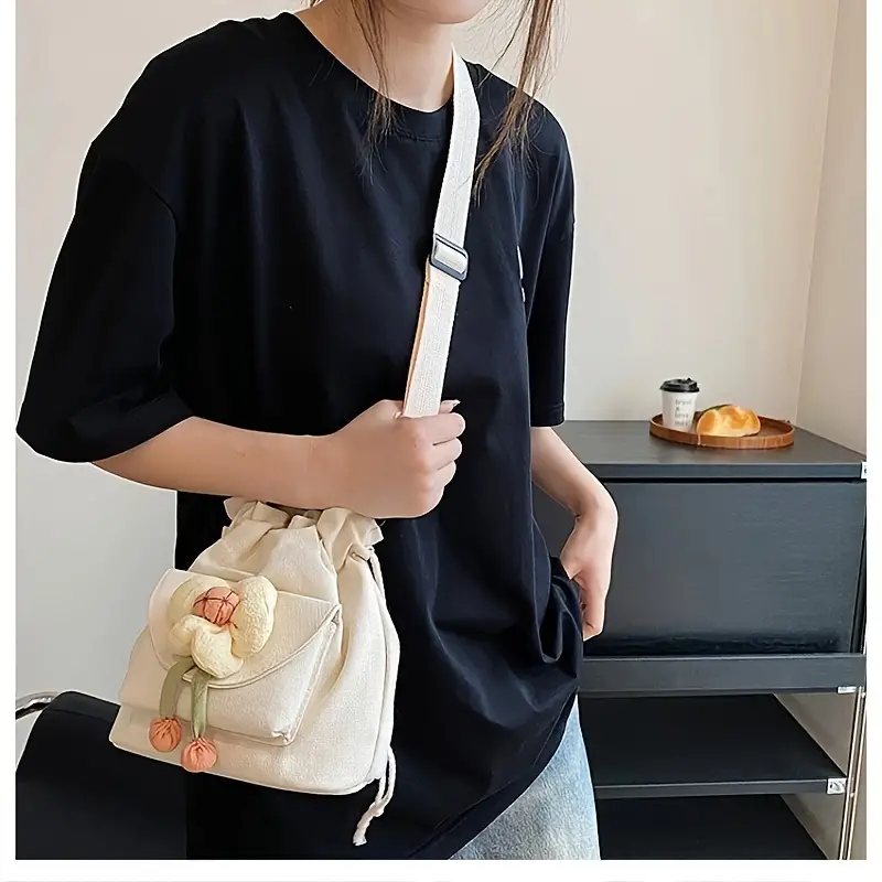Flower Decor Drawstring Bucket Bag, Small Canvas Crossbody Bag, Aesthetic  Shoulder Bag For Women - Temu